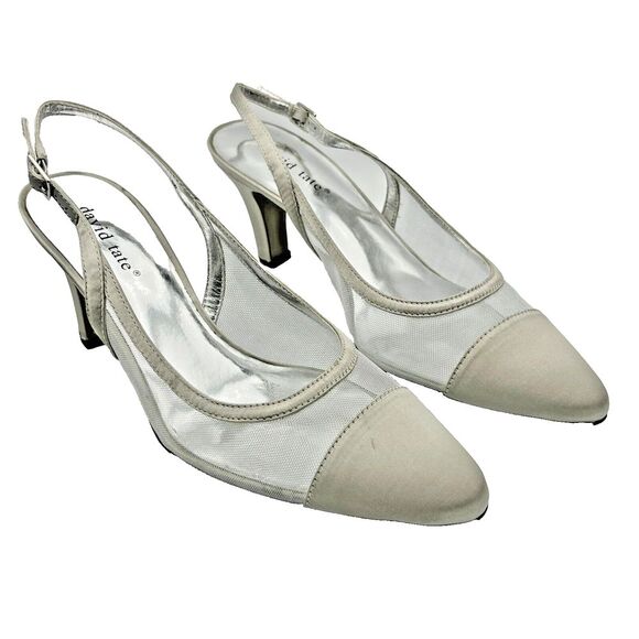 New in Box David Tate Womens Mid Heel Pumps Satin Mesh Cone Heel Gray‎ Silver 9W - Picture 1 of 14
